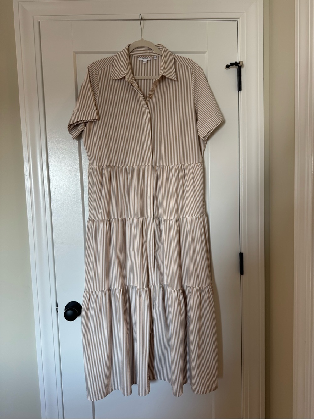 Chico's Beige & White Striped Tiered Maxi Shirt Dress